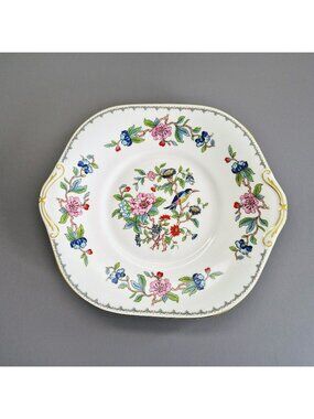 Aynsley Pembroke Square Cake Plate, Bird & Floral Center, Gold Trim, Elegant